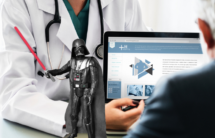 Darth Vader stands in front of a doctor showing a patient a computer screen